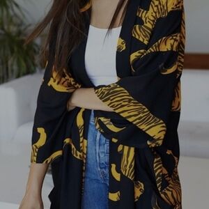 Emerson Fry Black and Mustard Tiger-Print Kimono Top